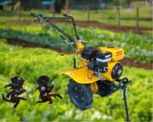 Yellow Moto MT501 power tiller with rotary blades for garden cultivation at Joo Huat Chai Kee
