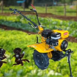 Yellow Moto MT501 power tiller with rotary blades for garden cultivation at Joo Huat Chai Kee