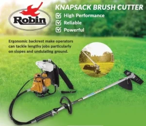 Orange Robin RK32 backpack brush cutter with long shaft and cutting head for slope work at Joo Huat Chai Kee