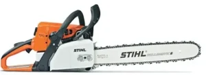 Heavy duty Stihl MS250 chainsaw featuring orange body and white guide bar available from Joo Huat Chai Kee