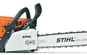 Heavy duty Stihl MS250 chainsaw featuring orange body and white guide bar available from Joo Huat Chai Kee