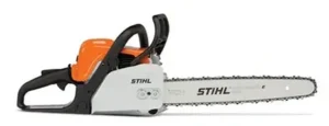 Stihl MS180 chainsaw side view showing orange engine housing and cutting chain available at Joo Huat Chai Kee