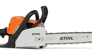 Stihl MS180 chainsaw side view showing orange engine housing and cutting chain available at Joo Huat Chai Kee
