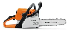 Stihl MS230 chainsaw with orange body and white cutting bar for professional use available at Joo Huat Chai Kee