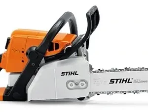 Stihl MS230 chainsaw with orange body and white cutting bar for professional use available at Joo Huat Chai Kee