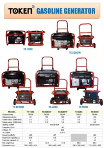 TOKEN gasoline generators with copper alternator available at Joo Huat Chai Kee featuring multiple models and specs