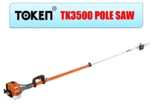 Token TK3500 pole saw with telescoping orange shaft and chainsaw head for tree cutting at Joo Huat Chai Kee