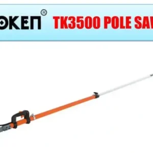 Token TK3500 pole saw with telescoping orange shaft and chainsaw head for tree cutting at Joo Huat Chai Kee